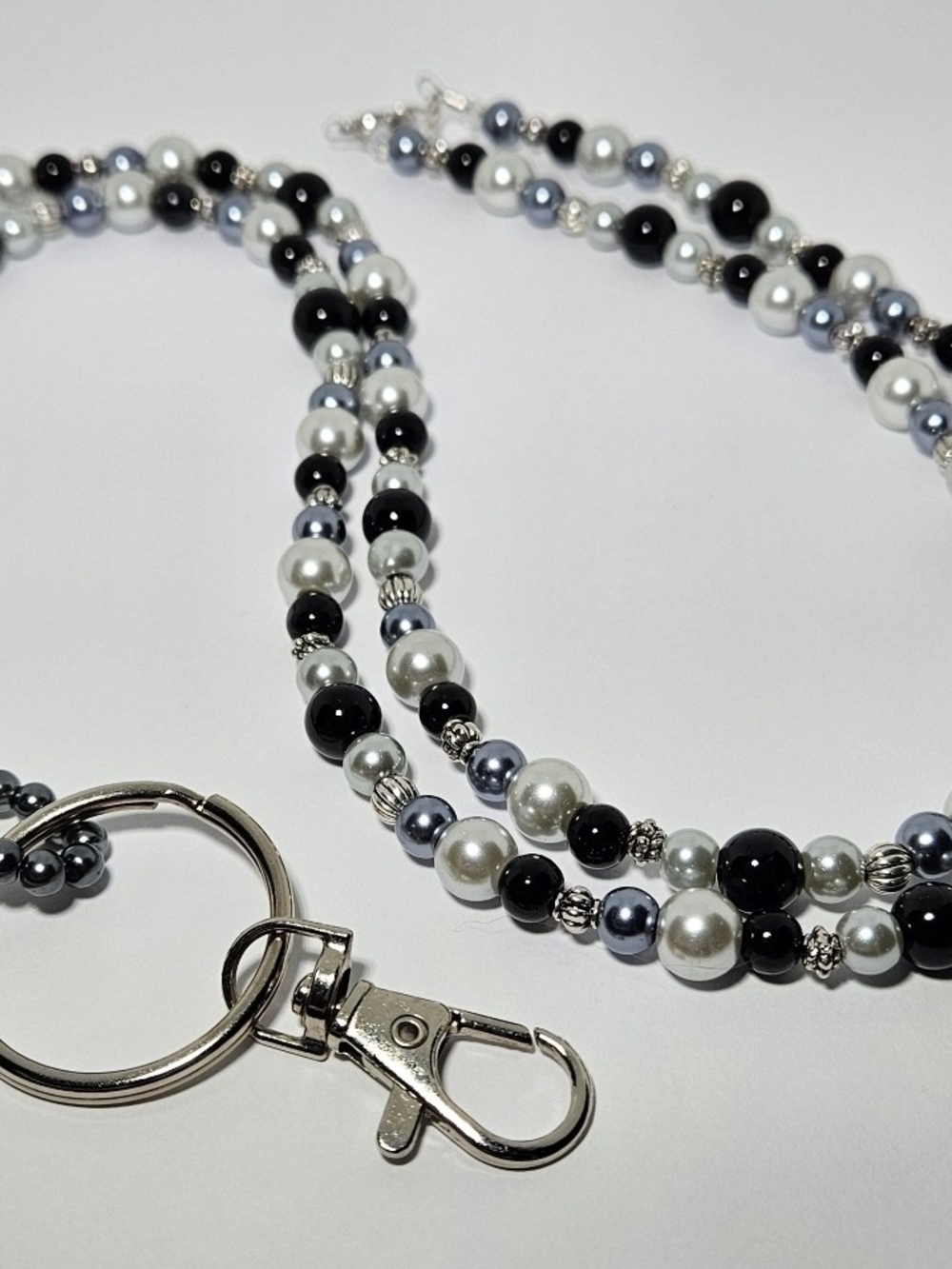 Pearl Beaded Lanyard Necklace with Black, Silver, and Gray Beads